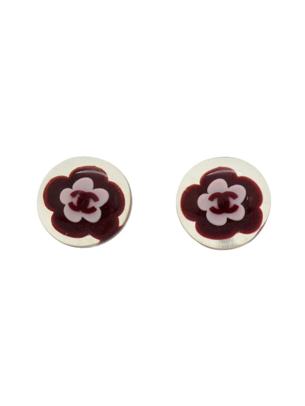 Chanel Earrings CC Logo Camellia Metal Silver Pink Wine